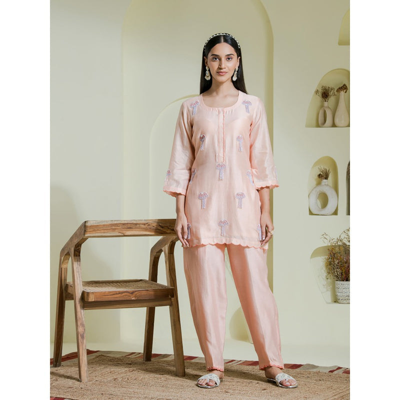 Maive Peach Hand Embroidered Kurti with Pant (Set of 2)