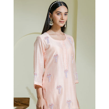 Maive Peach Hand Embroidered Kurti with Pant (Set of 2)