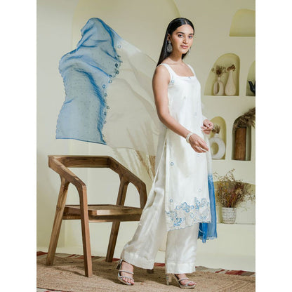Maive White Blue Hand Embroidered Kurta Pant with Dupatta (Set of 3)