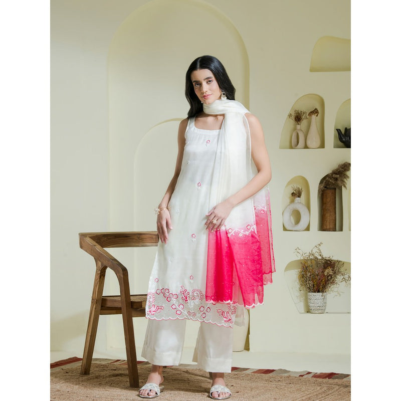 Maive White Pink Hand Embroidered Kurta Pant with Dupatta (Set of 3)