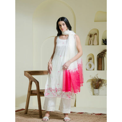 Maive White Pink Hand Embroidered Kurta Pant with Dupatta (Set of 3)