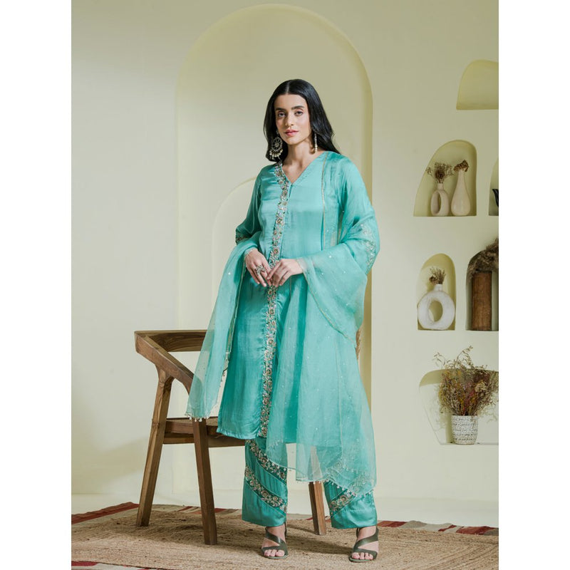 Maive Sea Green Hand Embroidered Kurta with Pant and Dupatta (Set of 3)