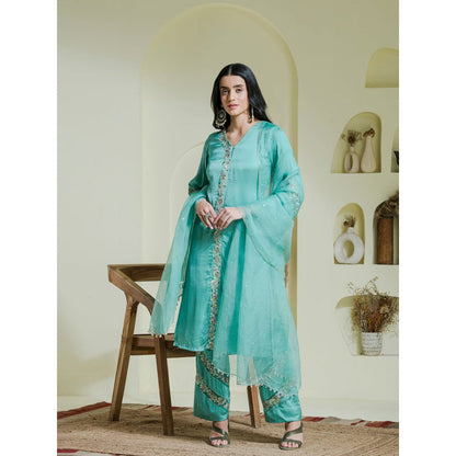 Maive Sea Green Hand Embroidered Kurta with Pant and Dupatta (Set of 3)