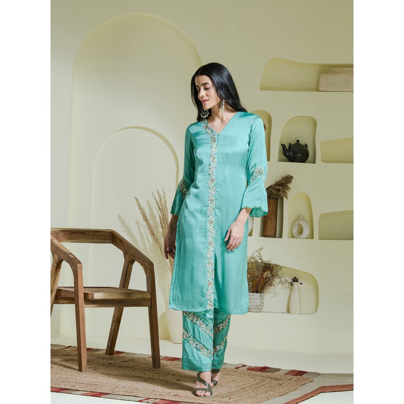 Maive Sea Green Hand Embroidered Kurta with Pant and Dupatta (Set of 3)