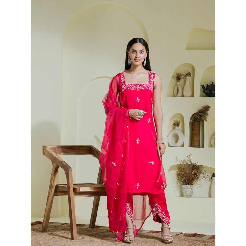 Maive Ruby Pink Hand Embroidered Kurta with Dhoti and Dupatta (Set of 3)