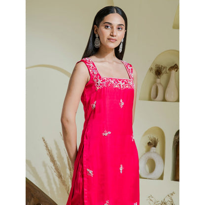 Maive Ruby Pink Hand Embroidered Kurta with Dhoti and Dupatta (Set of 3)