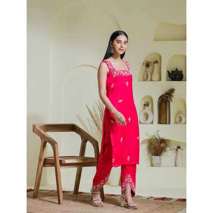 Maive Ruby Pink Hand Embroidered Kurta with Dhoti and Dupatta (Set of 3)