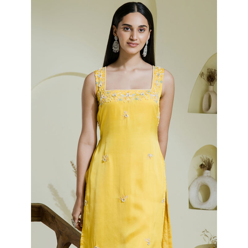 Maive Sunshine Yellow Hand Embroidered Kurta with Dhoti and Dupatta (Set of 3)