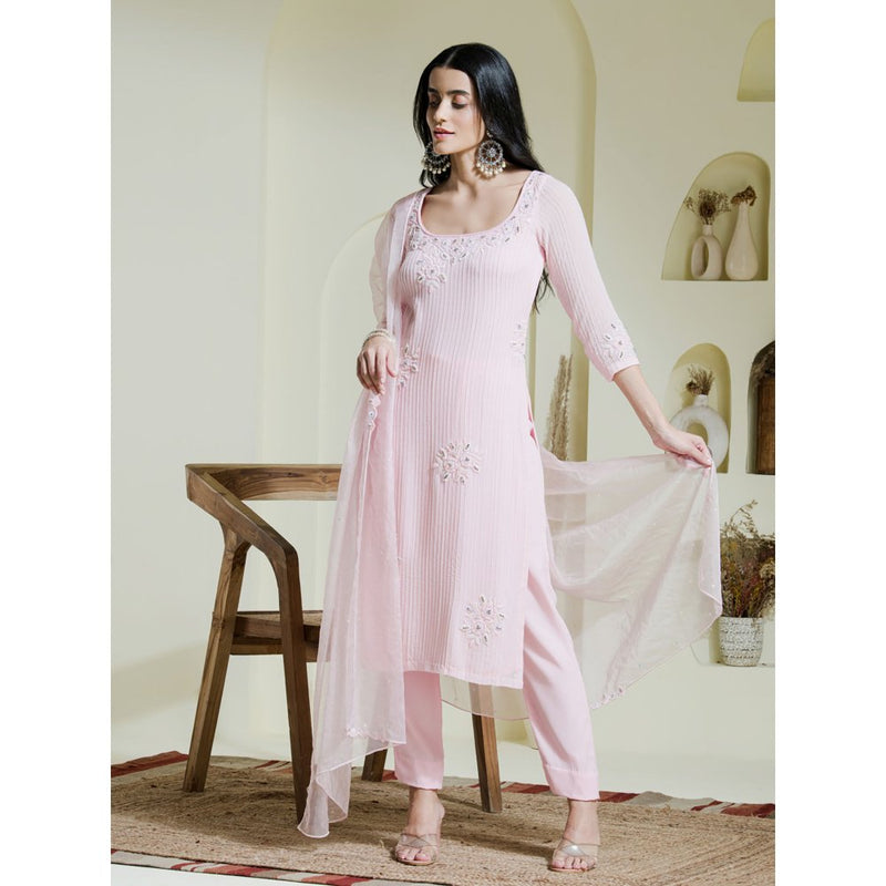 Maive Baby Pink Hand Embroidered Kurta with Pant and Dupatta (Set of 3)