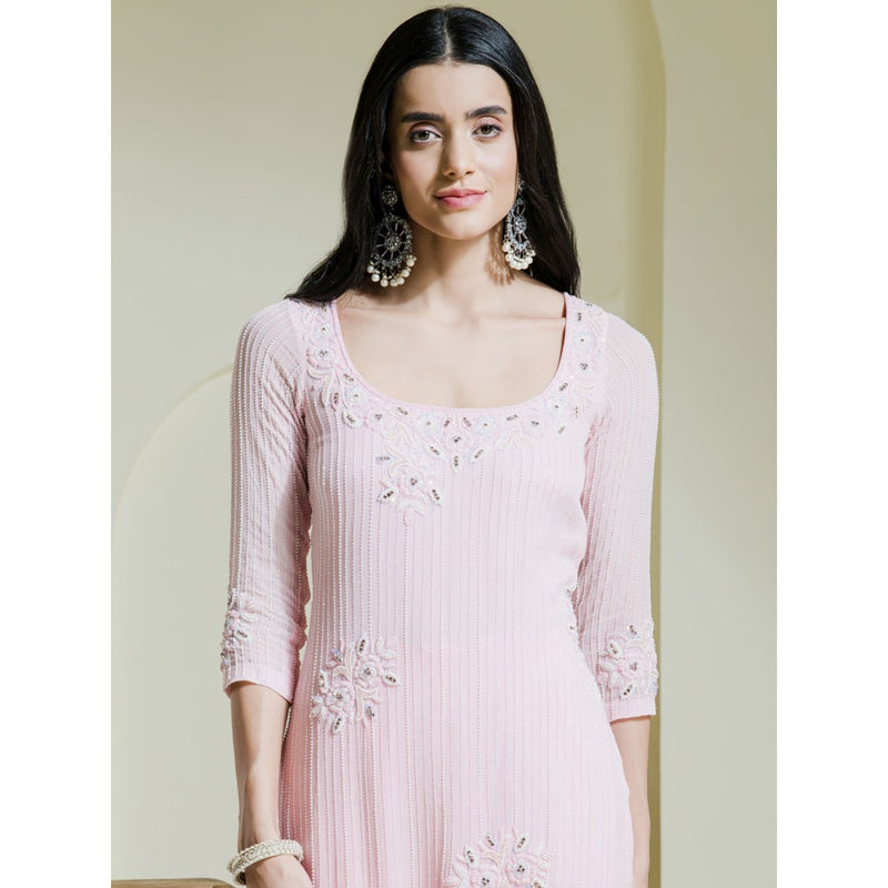 Maive Baby Pink Hand Embroidered Kurta with Pant and Dupatta (Set of 3)