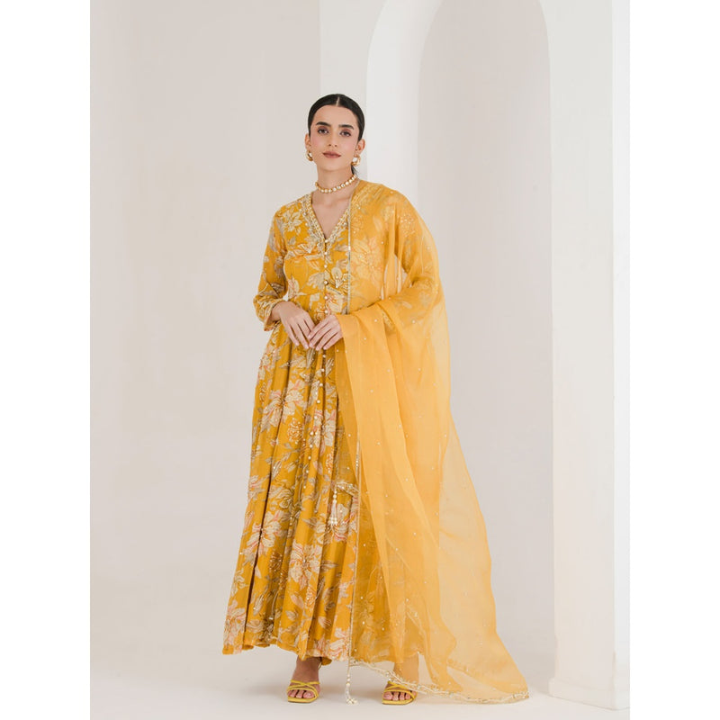 Maive Yellow Print Hand Embroidered Anarkali with Pant and Dupatta (Set of 3)