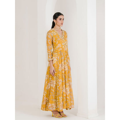 Maive Yellow Print Hand Embroidered Anarkali with Pant and Dupatta (Set of 3)