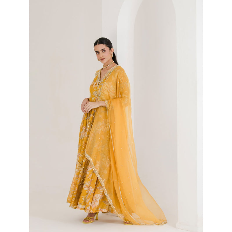 Maive Yellow Print Hand Embroidered Anarkali with Pant and Dupatta (Set of 3)