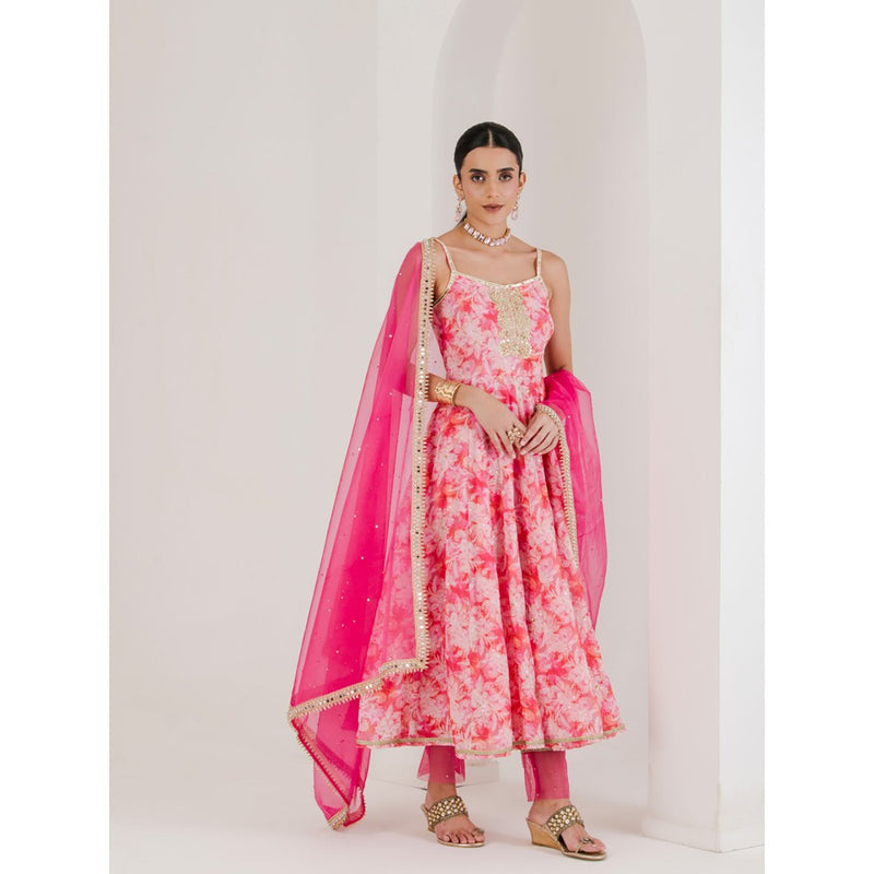 Maive Pink Print Hand Embroidered Anarkali with Pant and Dupatta (Set of 3)