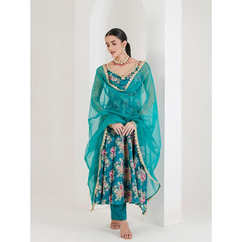 Maive Green Floral Print Anarkali with Pant and Dupatta (Set of 3)