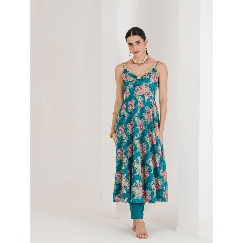 Maive Green Floral Print Anarkali with Pant and Dupatta (Set of 3)