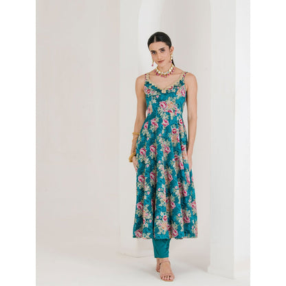 Maive Green Floral Print Anarkali with Pant and Dupatta (Set of 3)