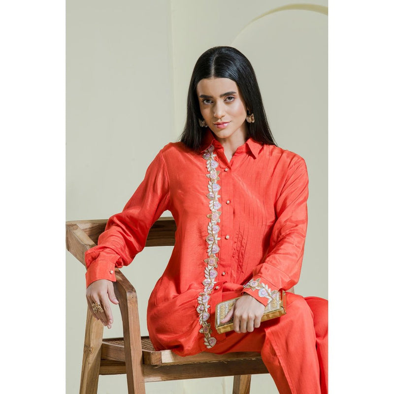 Maive Orange Hand Embroidered Modal Satin Shirt