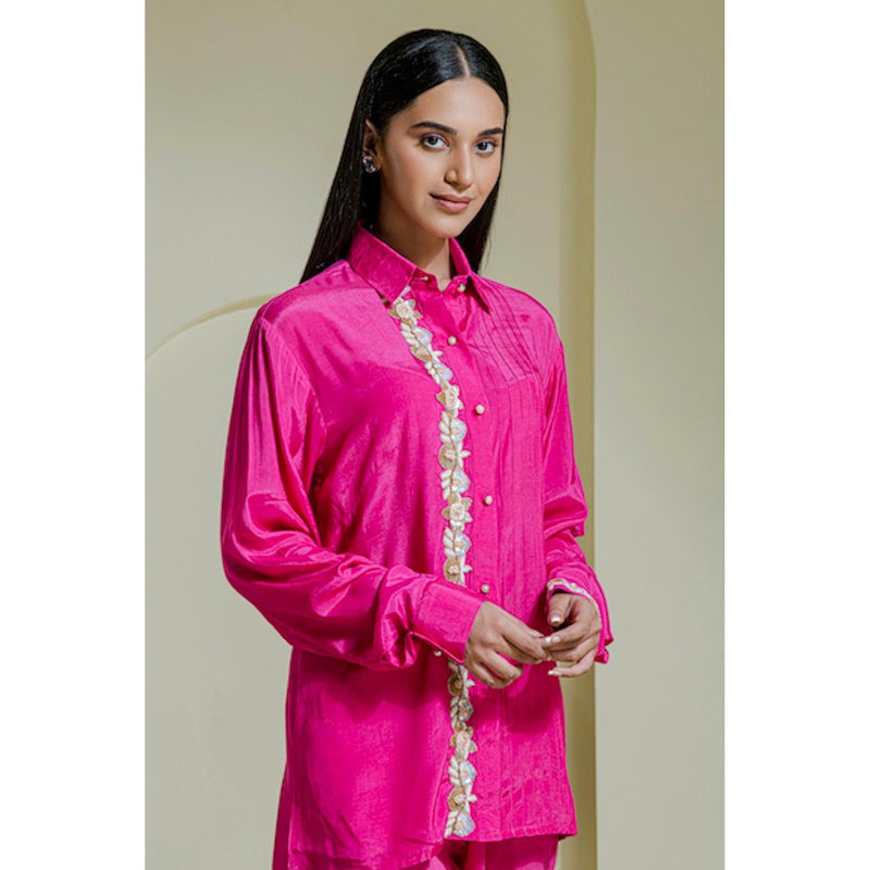 Maive Magenta Hand Embroidered Modal Satin Shirt