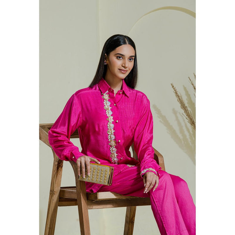 Maive Magenta Hand Embroidered Modal Satin Shirt