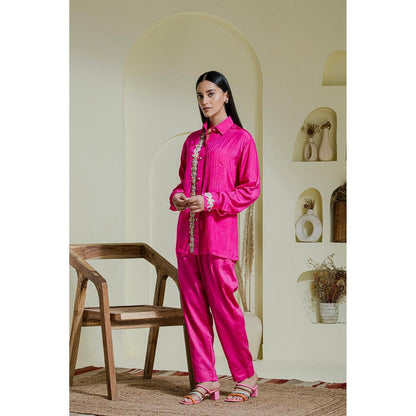Maive Magenta Hand Embroidered Modal Satin Shirt