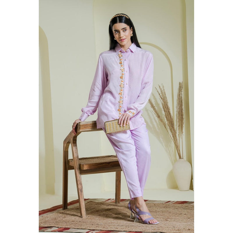 Maive Lavender Hand Embroidered Modal Satin Shirt