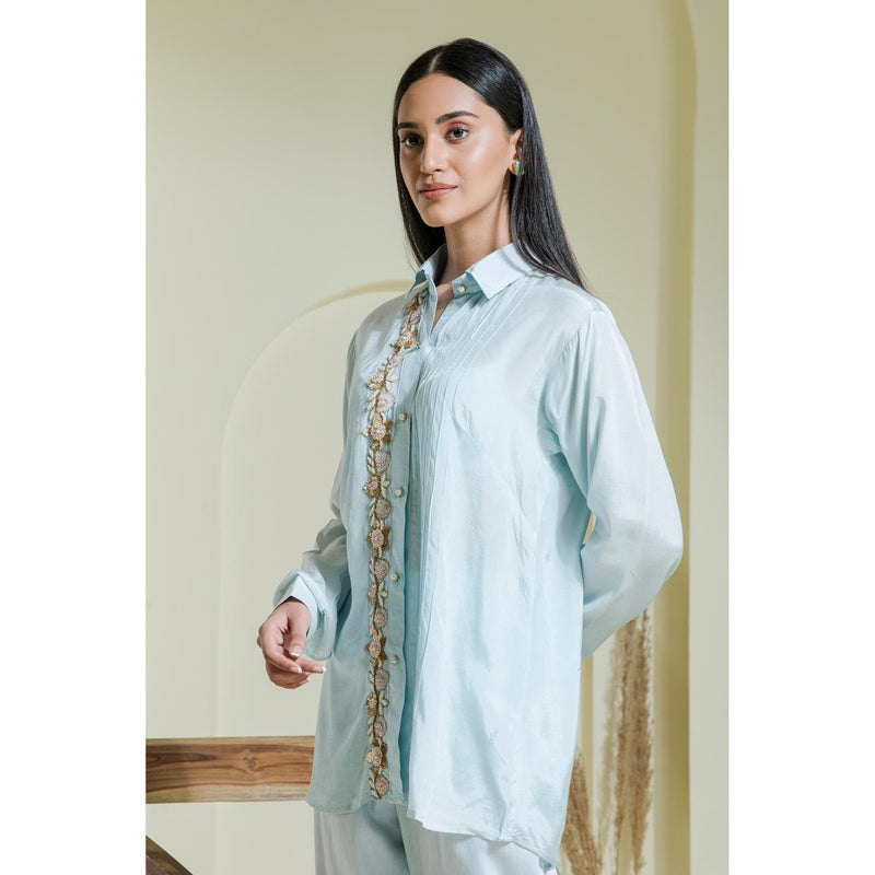 Maive Powder Blue Hand Embroidered Modal Satin Shirt