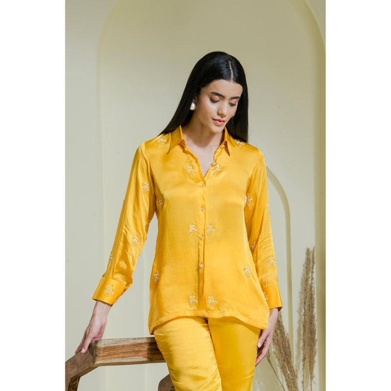 Maive Sunshine Yellow Hand Embroidered Modal Satin Shirt