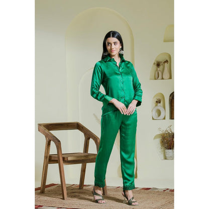 Maive Emerald Green Hand Embroidered Modal Satin Shirt