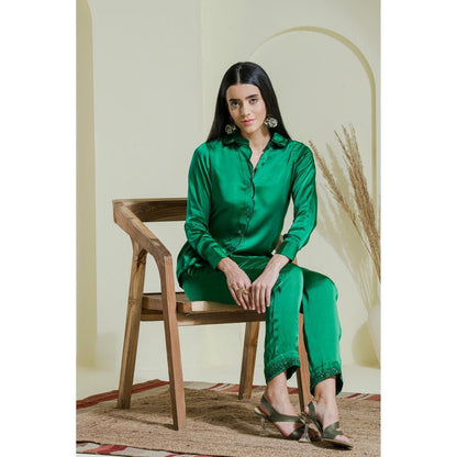 Maive Emerald Green Hand Embroidered Modal Satin Shirt