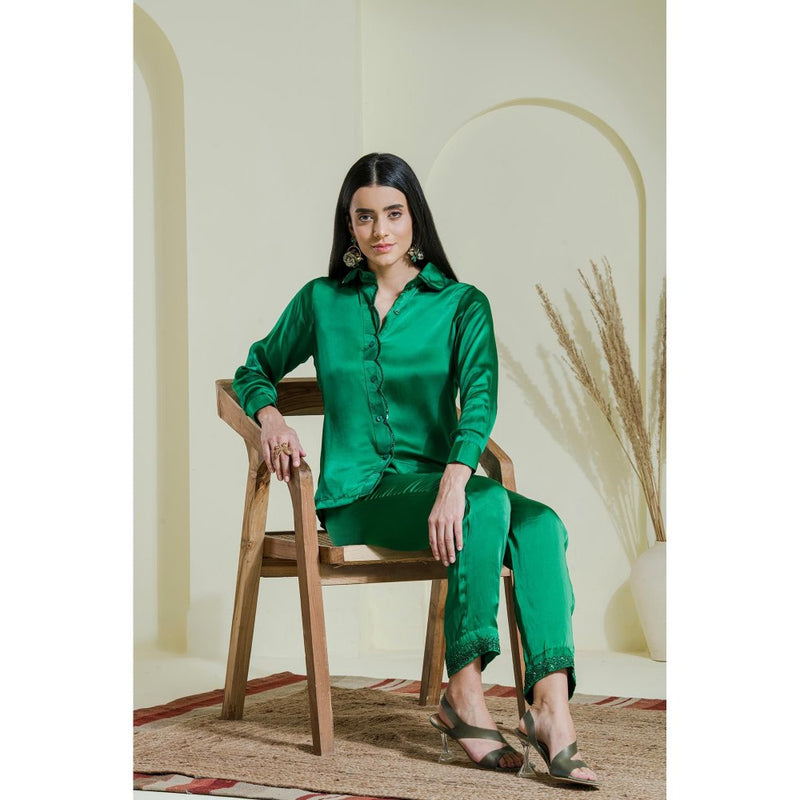 Maive Emerald Green Hand Embroidered Modal Satin Shirt