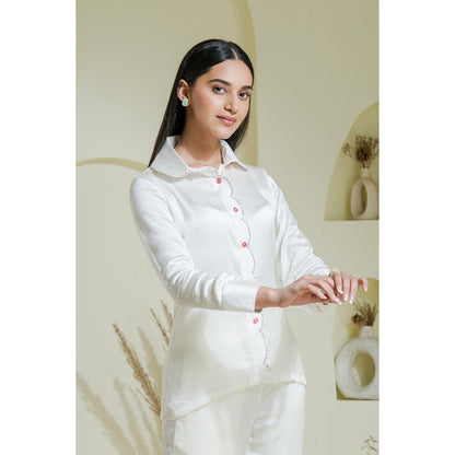Maive White Multi Coloured Hand Embroidered Modal Satin Shirt