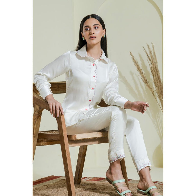 Maive White Multi Coloured Hand Embroidered Modal Satin Shirt