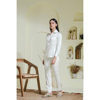 Maive White Multi Coloured Hand Embroidered Modal Satin Shirt