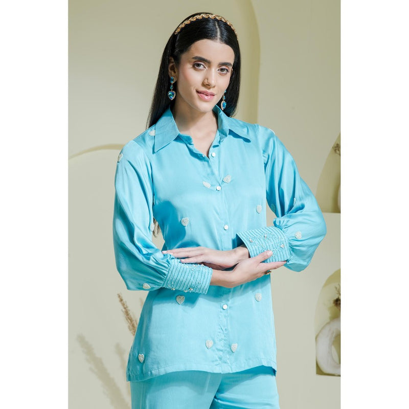 Maive Sky Blue Heart Embroidered Cotton Shirt