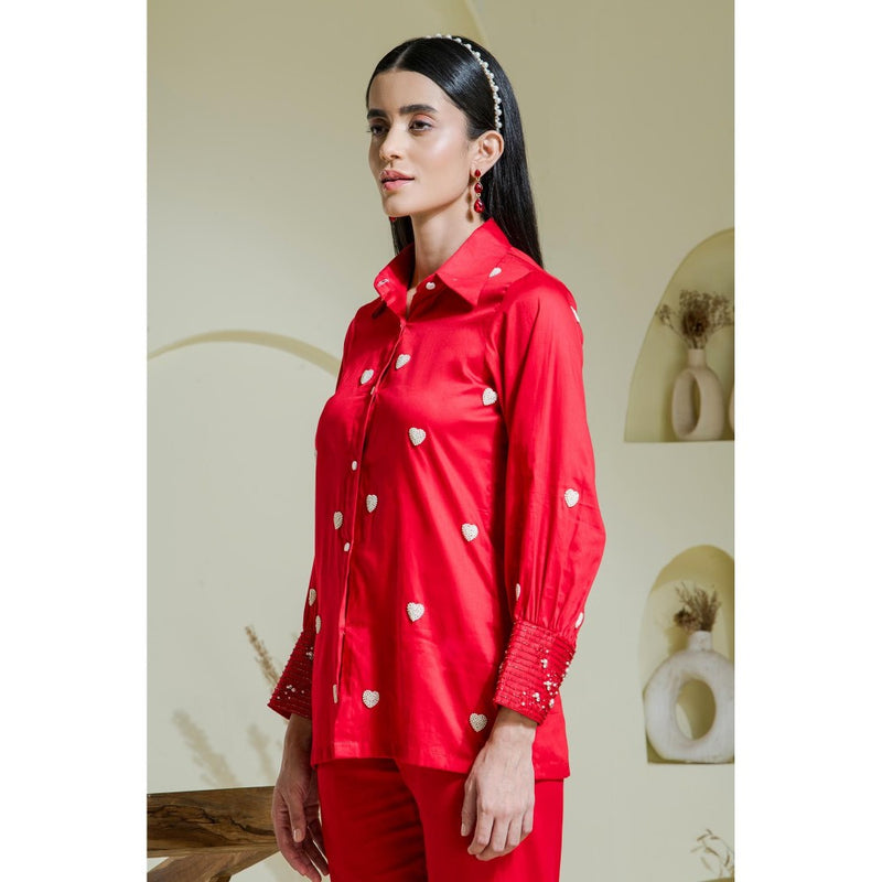 Maive Crimson Red Heart Embroidered Cotton Shirt