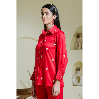 Maive Crimson Red Heart Embroidered Cotton Shirt