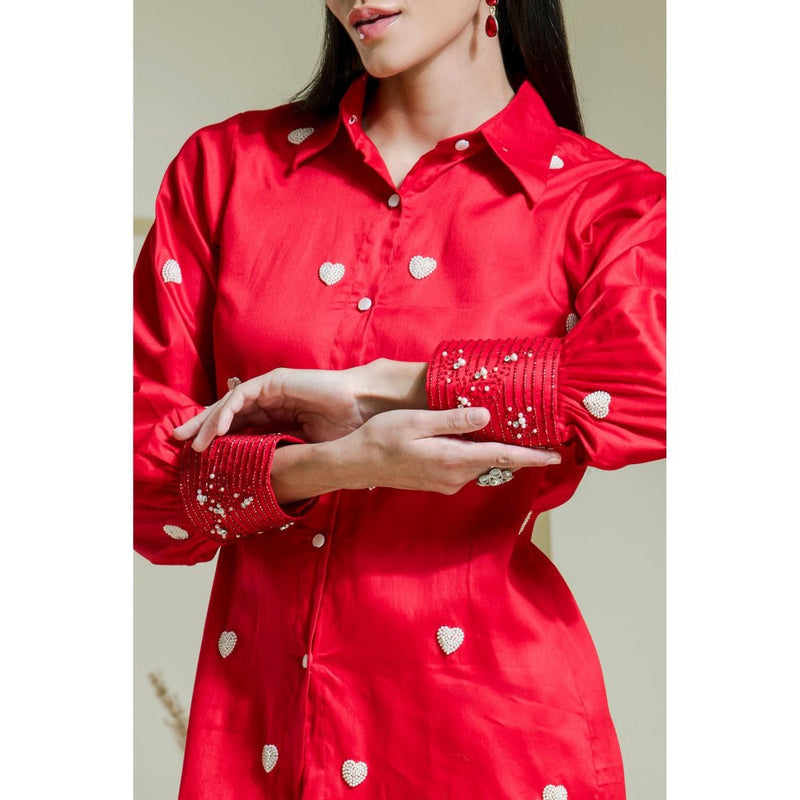 Maive Crimson Red Heart Embroidered Cotton Shirt