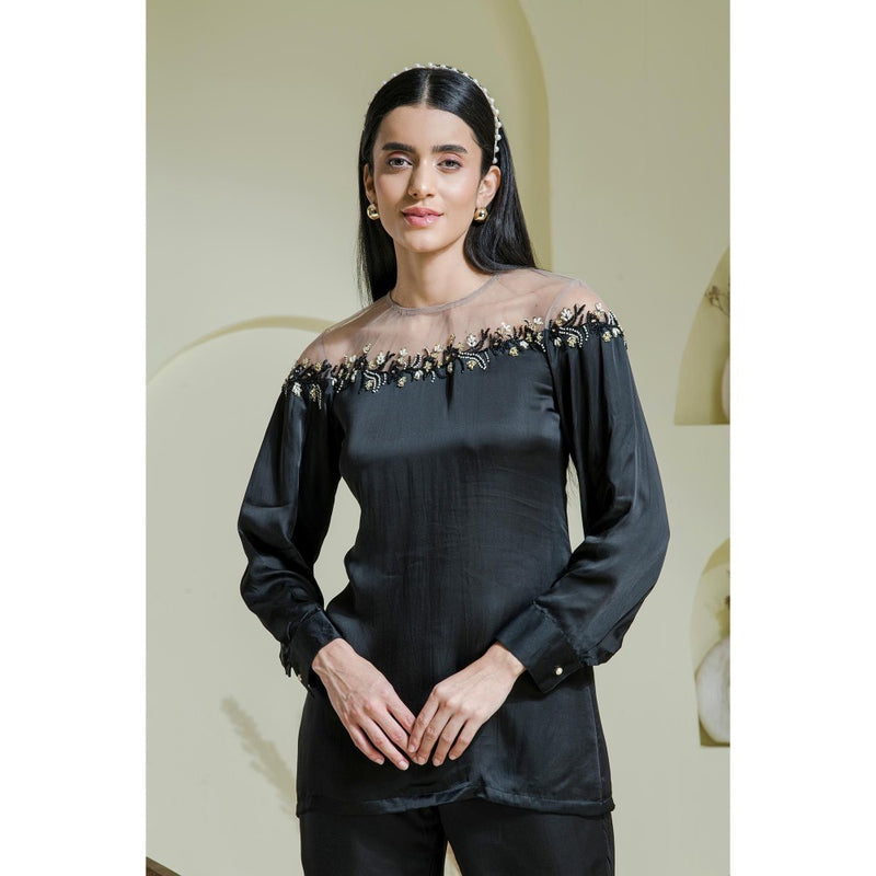 Maive Black Hand Embroidered Modal Satin Blouse