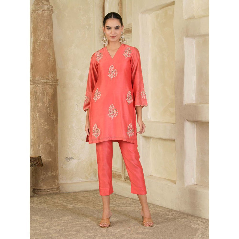 Maive Coral Embroidered Chanderi Kurta with Pant (Set of 2)