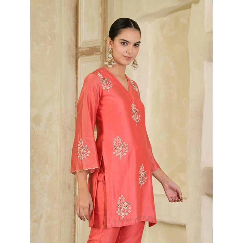 Maive Coral Embroidered Chanderi Kurta with Pant (Set of 2)