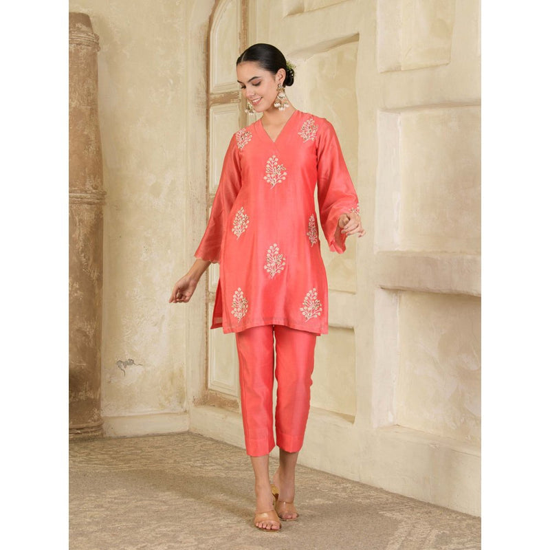 Maive Coral Embroidered Chanderi Kurta with Pant (Set of 2)