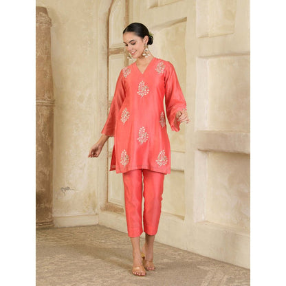 Maive Coral Embroidered Chanderi Kurta with Pant (Set of 2)