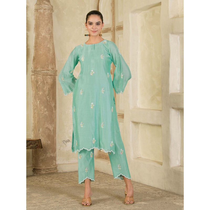 Maive Mint Green Hand Embroidered Chanderi Kurta and Pant (Set of 2)