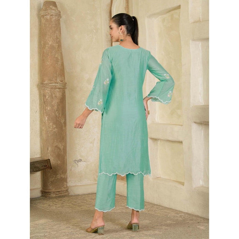 Maive Mint Green Hand Embroidered Chanderi Kurta and Pant (Set of 2)