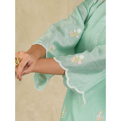 Maive Mint Green Hand Embroidered Chanderi Kurta and Pant (Set of 2)