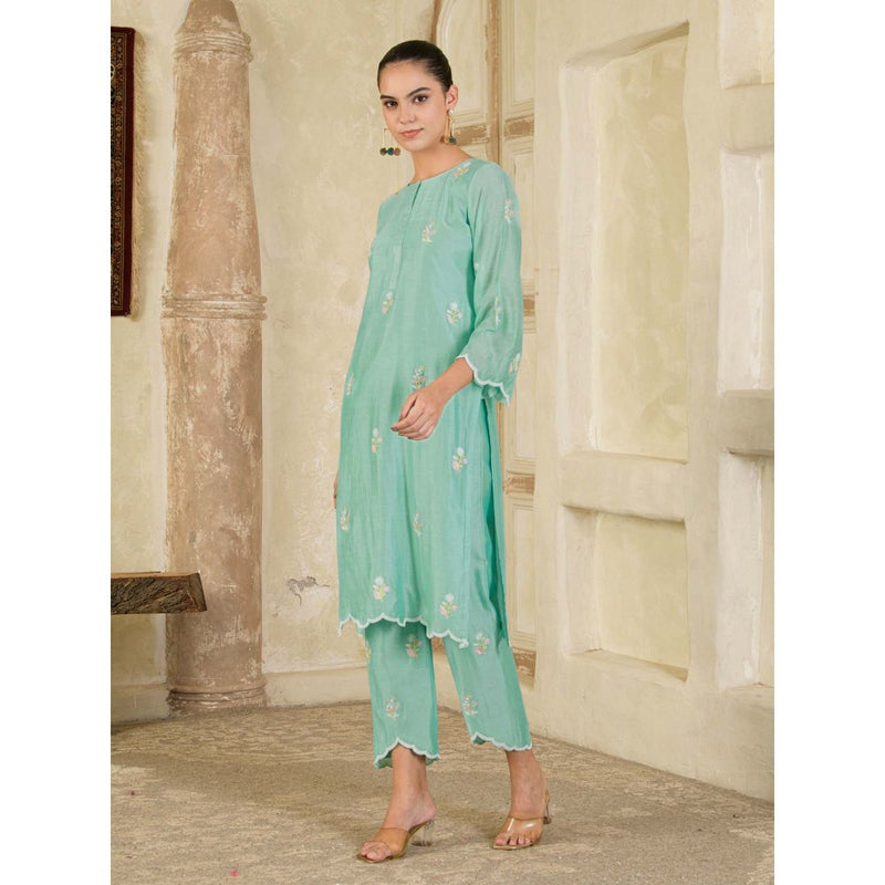 Maive Mint Green Hand Embroidered Chanderi Kurta and Pant (Set of 2)