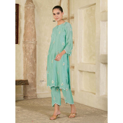 Maive Mint Green Hand Embroidered Chanderi Kurta and Pant (Set of 2)