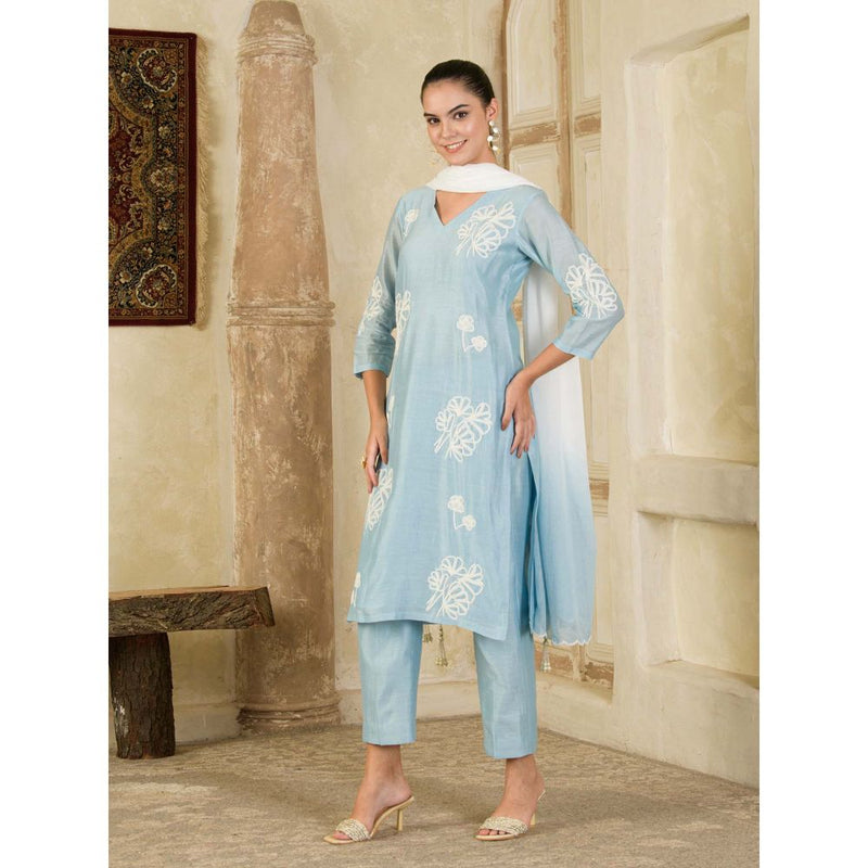 Maive Sky Blue Hand Embroidered Chanderi Kurta with Pant and Dupatta (Set of 3)