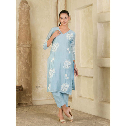 Maive Sky Blue Hand Embroidered Chanderi Kurta with Pant and Dupatta (Set of 3)